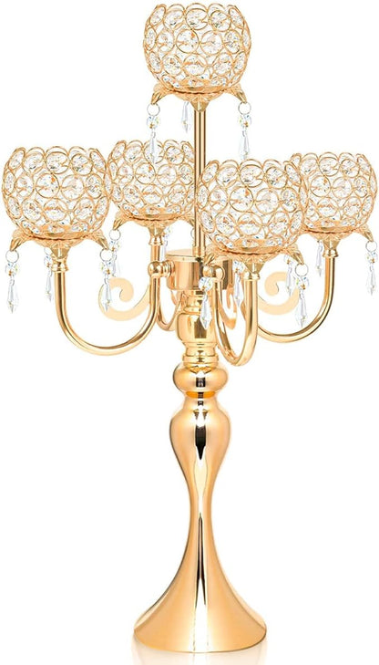 5 Arm Gold Candle Holder 22.5 Inch Tall Crystal with Pendant, Romantic Home Decor Elegant Candlestick Holder for Dates Wedding Receptions Holiday Party Important Events