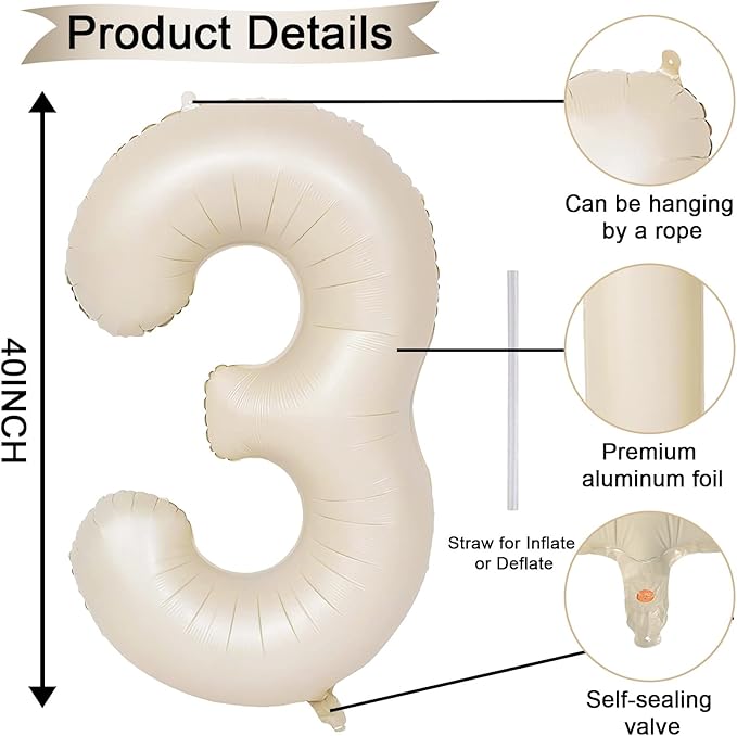 40 Inch Beige Numbers Balloons 3, Large Self Inflating Cream White Digit 3 Helium Balloons for 3rd Birthday Girls Boys, Foil Mylar Number 3 Balloons for Women Birthday Party Anniversary Decorations