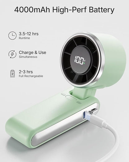Portable Handheld Turbo Fan - 5 Gear High Speed 4000mAh Rechargeable Mini Personal Hand Fan Blow Cold Air, Battery Operated Travel Essentials, Beach Vacation, Gifts for Women, Men (Green)