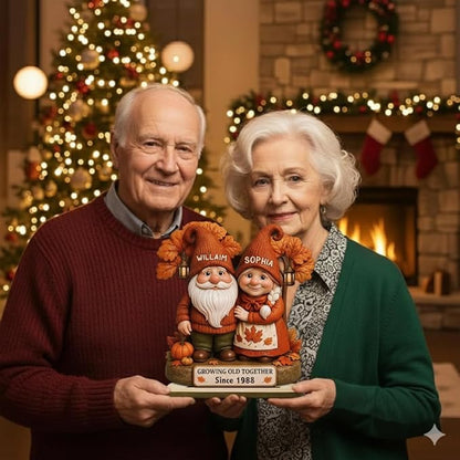 Personalized Gnome Couple Figurine, Growing Old Together Since 1988, Custom Autumn Decoration, Unique Fall for Couple, Engraved Family Ornament for Parents and Grandparents