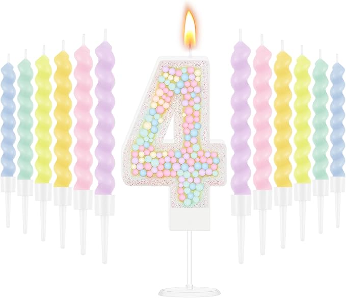 MTLEE Number 4 Birthday Candle with 12 Pcs Spiral Candles for Girls Macaron Pastel Rainbow Unicorn Pink Cake Topper for Sweet Theme Party Decoration