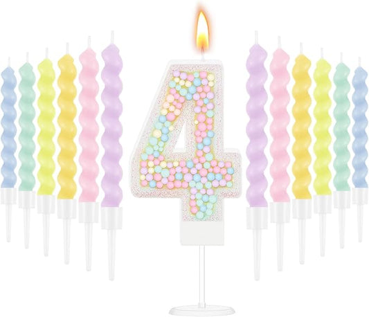 MTLEE Number 4 Birthday Candle with 12 Pcs Spiral Candles for Girls Macaron Pastel Rainbow Unicorn Pink Cake Topper for Sweet Theme Party Decoration