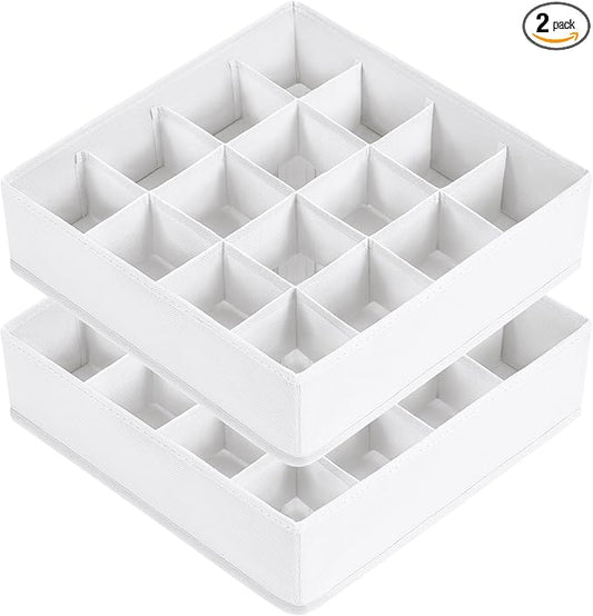 Joyoldelf Sock Drawer Organizer Divider, 16-Cell Underwear Organizers and Storage Fabric Drawer Organizer for Socks, Lingerie, Handkerchiefs, Ties Black, 2 Packs (White)