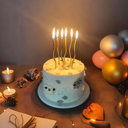 Gold Spiral Long Thin Birthday Candles for Cake – Metallic Cake Decorations, Happy Birthday Candles with Holders, Long Lasting & Safe (12, Gold)