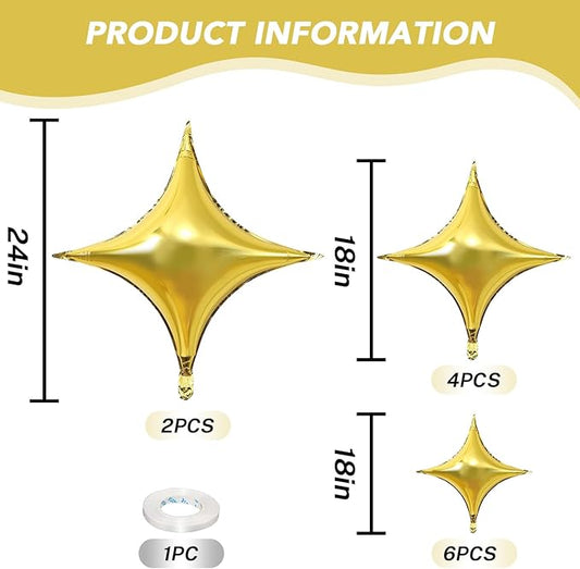 12PCS Gold Star Balloons, 24in 18in 10in Four Pointed Star Shaped Balloon Gold Foil Balloons for Graduation New Year Birthday Retirement Party Decorations