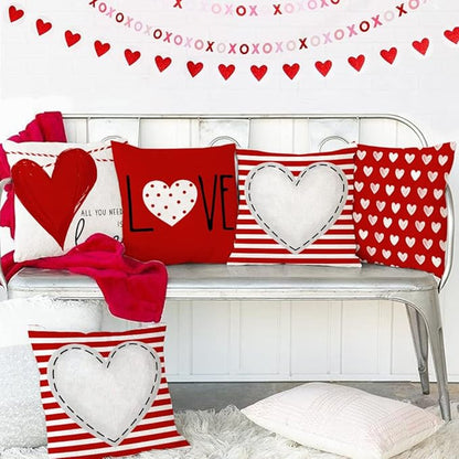 GEEORY Valentines Day Pillow Covers 16x16 inch Set of 4 for Valentines Decor Red White Stripes Dots Love Heart Valentines Day Throw Pillows Decorative Cushion Cases Valentine Decorations