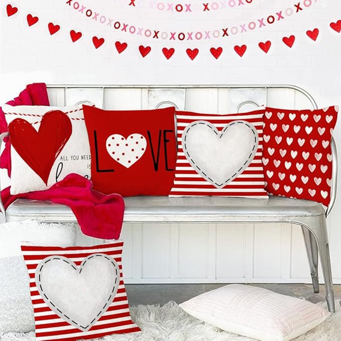 GEEORY Valentines Day Pillow Covers 18X18 inch Set of 4 for Valentines Decor Red White Stripes Dots Love Heart Valentines Day Throw Pillows Decorative Cushion Cases Valentine Decorations
