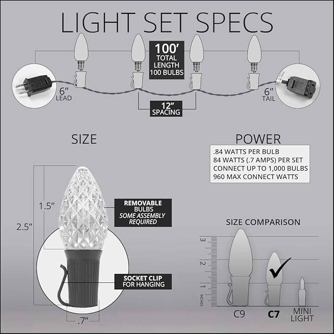 Wintergreen Lighting 100 ft C7 OptiCore Green Commercial Christmas Lights, 100 Lights - for Outdoor Holiday St. Patrick's Day Party; Green Wire