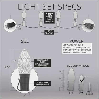 Wintergreen Lighting 100 ft C7 OptiCore Green Commercial Christmas Lights, 100 Lights - for Outdoor Holiday St. Patrick's Day Party; Green Wire