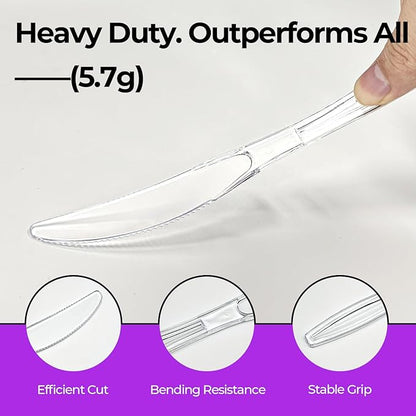 [100 Count] Clear Plastic Knives Heavy Duty, Disposable Steak Knives Plastic Silverware Bulk Washable Cutlery Set Serving Utensils Tableware for Party Supplies,Daily Use,Picnic,Camping,Wedding,BBQ