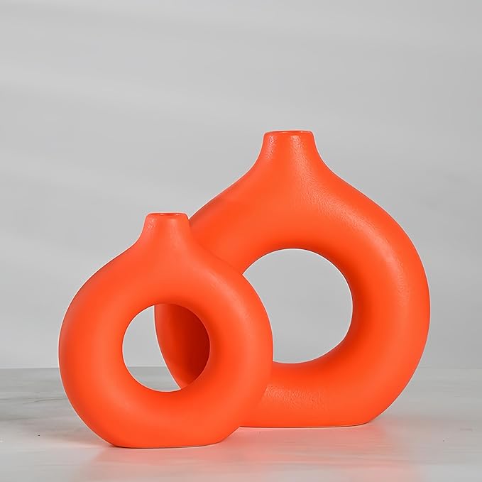 Modern Donut-Shaped Decorative Vases, Handmade Minimalist Boho ins Style, Modern Vase for Home Decor for Wedding Dinner Table Party Living Room Office Bedroom (Orange, Small)