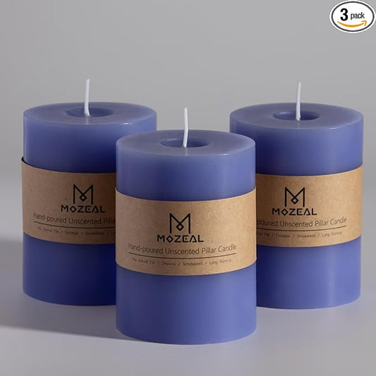 MOZEAL 3" x 4" Hand-Poured Unscented Candle, Dripless Pillar Candle Set of 3, Long Clean Burning, Approx 72 Hours Burn Time, Rustic Country Style,Wedding, Spring Awakening, Home Decor,、Deep Periwinkle
