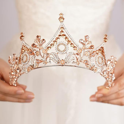 Wekicici Baroque Queen Crown Orange Crystal Tiara Rhinestone Princess Wedding Headband for Women Birthday Pageant Party(Orange)