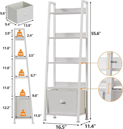 Furologee 5-Tier White Ladder Shelf, Ladder Bookshelf with Removable Drawer, Mordern Bookcase Storage Rack Organizer, Wood Metal Freestanding Storage Shelves for Living Room, Home Office, Bedroom