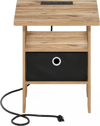Furinno Andrey USB and Type-C Port Charging Station End Table with Storage Bin, 15.55 (W) x 12.56 (H) x 8.5 (D) inches, Flagstaff Oak/Black