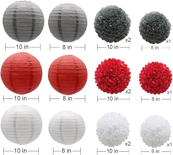 KAXIXI Hanging Party Decorations Set, 15pcs Red Gray White Paper Flowers Pom Poms Balls and Paper Lanterns for Wedding Birthday Bridal Baby Shower Graduation