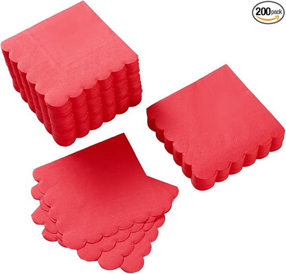 200 Pack Cocktail Napkin 2-Ply Scalloped Edged Dessert Napkins Folded 5 x 5 Inches Disposable Napkins for Dinner Wedding Birthday Party Bridal Anniversary Reception Event (Red)