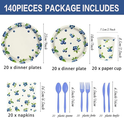 140CPS Blueberry Paper Party Supplies, Disposable Paper Blueberries Fruit Dessert Tableware Set,For Blue Berry Fruits Summer Spring Birthday Tea Party Bridal & Baby Shower Tableware