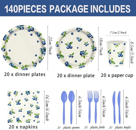 140CPS Blueberry Paper Party Supplies, Disposable Paper Blueberries Fruit Dessert Tableware Set,For Blue Berry Fruits Summer Spring Birthday Tea Party Bridal & Baby Shower Tableware
