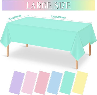 MASHAN 24Pcs Pastel Tablecloths,Plastic Mix Color Tablecloth Disposable Rectangle Table Covers for Baby Shower, Wedding,Girls Birthday Party and Ice Cream Party Decoration,6Color, 54 x 108 Inch