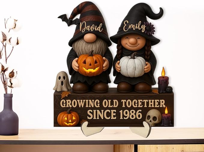 Growing Old Together Gnomes Halloween Wooden Sign, Gifts for Him Her Wife Husband, Custom Wood Plaque Couples Gift, Valentine Christmas Gift For Parents, Grandparents Gothic Decorations Sign 34