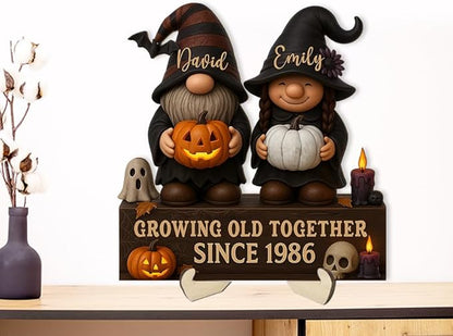 Growing Old Together Gnomes Halloween Wooden Sign, Gifts for Him Her Wife Husband, Custom Wood Plaque Couples Gift, Valentine Christmas Gift For Parents, Grandparents Gothic Decorations Sign 34