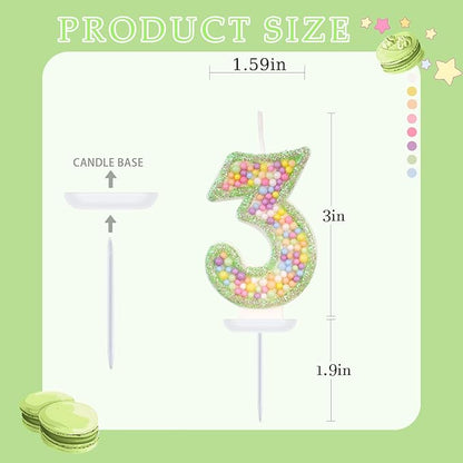 Birthday Candles - Number 3 Candle, Colorful Macaron Candles for Boys/Girls, Green Cake Decorations, Dinosaur Themed Party Supplies