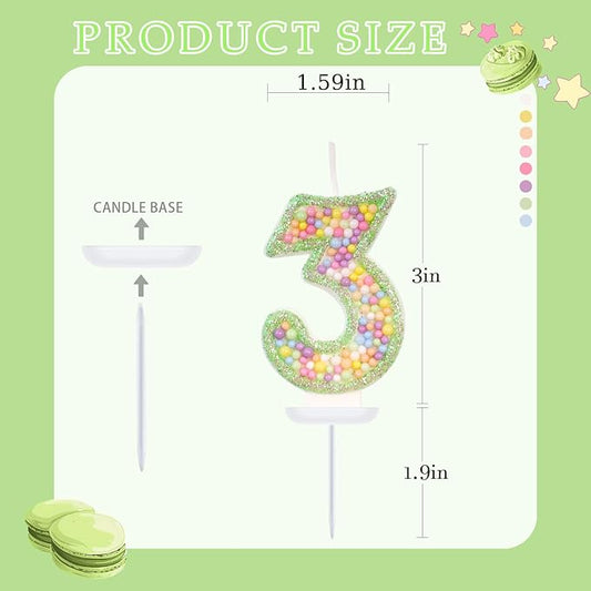 Birthday Candles - Number 3 Candle, Colorful Macaron Candles for Boys/Girls, Green Cake Decorations, Dinosaur Themed Party Supplies