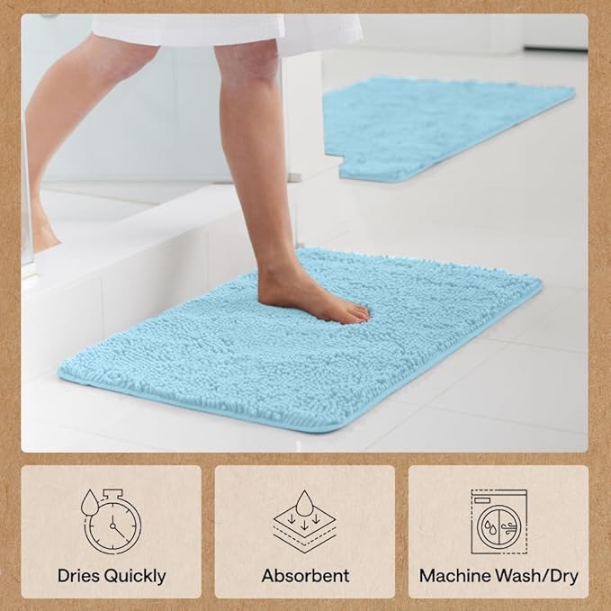 GORILLA GRIP Bath Rug Mat 30x20, Thick Soft Absorbent Chenille, Quick Dry Microfiber Mats, Rubber Backing Washable Shower Floor Rugs, US Designed Bathroom Bathmat Home Decor Accessories, Sky Blue