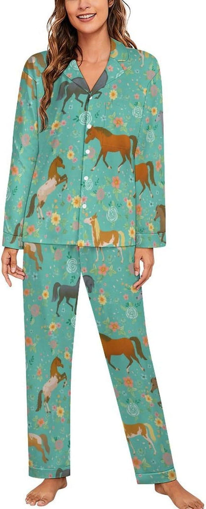 Lemons Leaves Ceramic Style Womens Pajama Set Long Sleeve Pajamas Top And Pants Soft Loungewear Pjs Sets