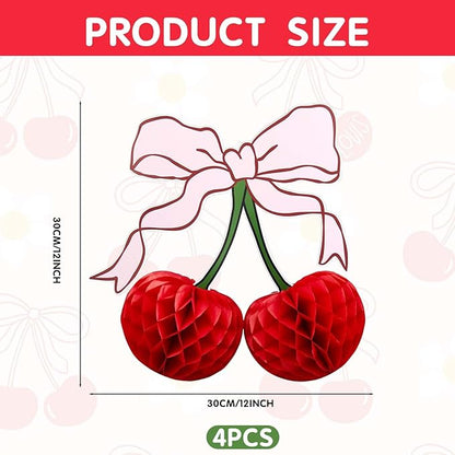 3D Cherry Bow Honeycomb Decorations, 4-Pcs 12 Inch Large Cherry Table Decorations and Cherry On Top Centerpieces, Cherry Decoration for Birthdays Party, Baby Shower & Home Cherry Decorations