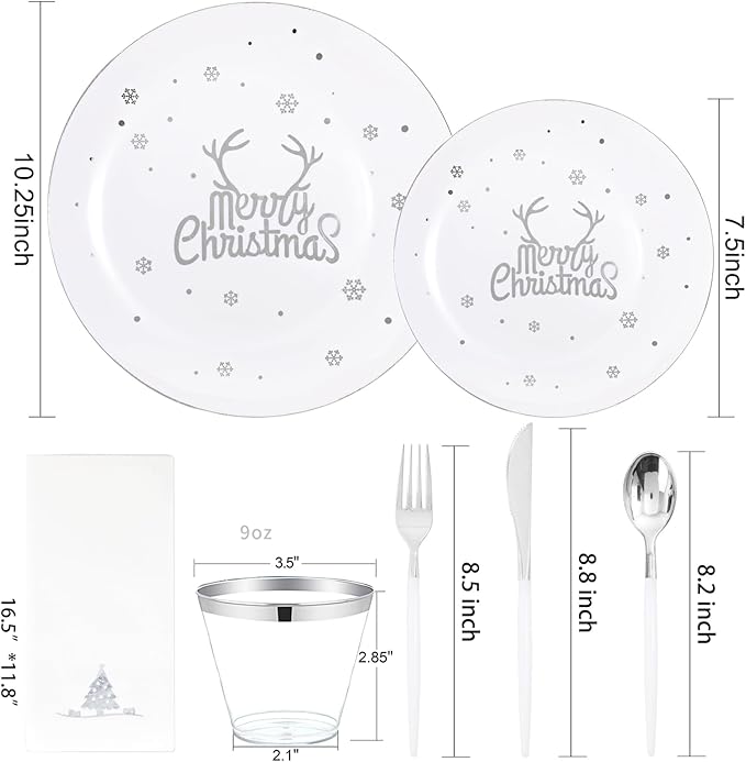 Nervure 175PCS Christmas Plastic Plates - White and Silver Disposable Plates & Silver Plastic Silverware with White Handle include 50 Plates 25Knives 25Forks 25Spoons 25Napkins for Christmas Party
