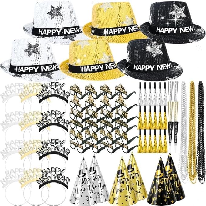 96 Pcs New Year's Eve Party Supplies for 24 Guests, 2026 Happy New Years Decoration with Silver Gold Black Top Hats, Cone Hats, Glitter Tiaras, Beaded Necklace, Squawkers, Noise Makers for Party Decor