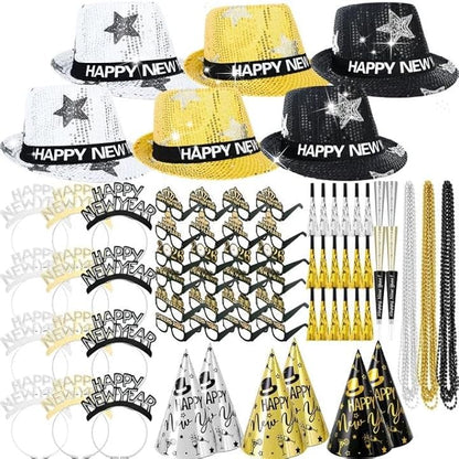 96 Pcs New Year's Eve Party Supplies for 24 Guests, 2026 Happy New Years Decoration with Silver Gold Black Top Hats, Cone Hats, Glitter Tiaras, Beaded Necklace, Squawkers, Noise Makers for Party Decor