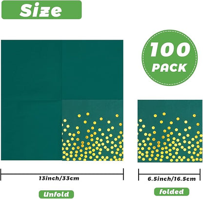 100 Pack 6.5x6.5 Inch Disposable Green and Gold Cocktail Napkins