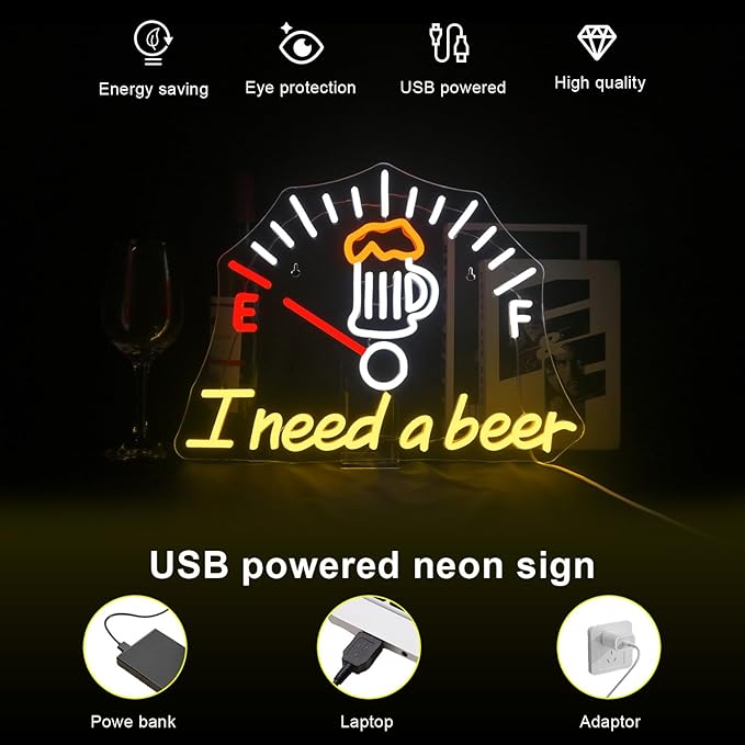 I Need a Beer Neon Sign Beer LED Neon Light Bar Wall Decor for Pub Man Cave Shop Teen Room Game Room Decor Hip Hop Party Neon Signs Wall Decor Party Bedroom Unique Gifts for Wine Lovers