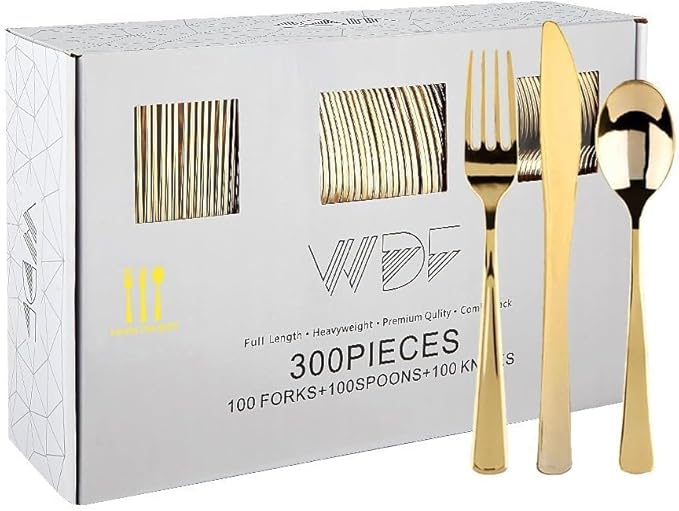 WDF300 Pieces Gold Plastic Silverware - Heavy Duty Disposable Cutlery Set Plastic Gold Silverware Set Includes 100 Forks, 100 Spoons, 100 Knives for Party/Christmas