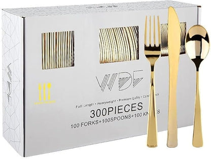 WDF300 Pieces Gold Plastic Silverware - Heavy Duty Disposable Cutlery Set Plastic Gold Silverware Set Includes 100 Forks, 100 Spoons, 100 Knives for Party/Christmas