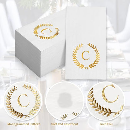 200 Pack Monogrammed Disposable Napkins Gold Foil Letter C Guest Napkins Initial Disposable Hand Paper Towels for Wedding Engagement Baby Shower Party Home Kitchen Bathroom Dinner Decorative Towels