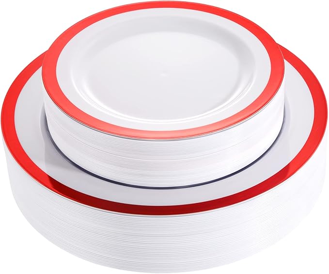 I00000 60PCS Red Plastic Plates White and Red Party Plates Disposable Christmas Plastic Plate Set Include 30 Dinner Plates, 30 Dessert Plates, Fancy Plates Perfect for Christmas Parties