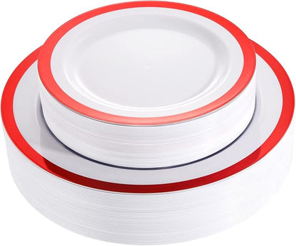 I00000 60PCS Red Plastic Plates White and Red Party Plates Disposable Christmas Plastic Plate Set Include 30 Dinner Plates, 30 Dessert Plates, Fancy Plates Perfect for Christmas Parties