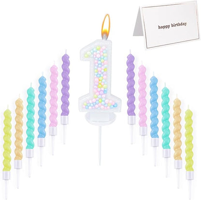 Number Birthday Candle with 12PCS Spiral Candles and A Birthday Card - Perfect for Celebrating Birthdays (Macaron Glitter, Number 1)