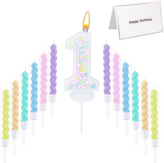 Number Birthday Candle with 12PCS Spiral Candles and A Birthday Card - Perfect for Celebrating Birthdays (Macaron Glitter, Number 1)