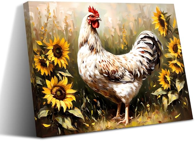 ZOIYINO Farmhouse Rooster Wall Art,Chicken Farm Kitchen Wall Art,Rustic Sunflower Chicken Barn Pictures Wall Decor,Sunflower Rooster Poster for Kitchen Bathroom Dining Room Decor(16"x12")