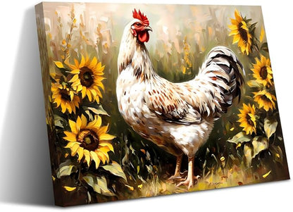 ZOIYINO Farmhouse Rooster Wall Art,Chicken Farm Kitchen Wall Art,Rustic Sunflower Chicken Barn Pictures Wall Decor,Sunflower Rooster Poster for Kitchen Bathroom Dining Room Decor(16"x12")