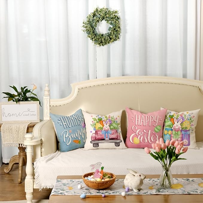 GEEORY Happy Easter Eggs Hunny Bunny Throw Pillow Covers 16x16 Inch Set of 4, Peeps Mason Jars Truck Spring Decorative Farmhouse Holiday Cushion Case for Home Decoration G688-16