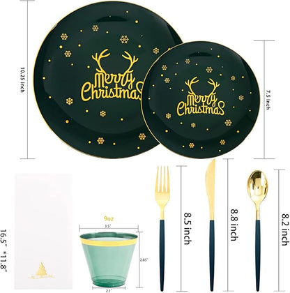 Nervure 175PCS Christmas Plastic Plates - Green and Gold Disposable Plates & Gold Plastic Silverware with Green Handle include 50 Plates 25Knives 25Forks 25Spoons 25Napkins for Christmas Party