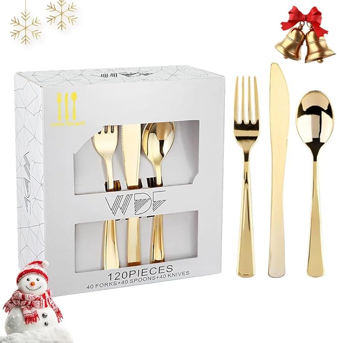 WDF 120 Pieces Gold Plastic Silverware - Disposable Flatware Set - Heavy Duty Thanksgiving Plastic Cutlery - Silverware Includes 40 Forks, 40 Spoons, 40 Knives