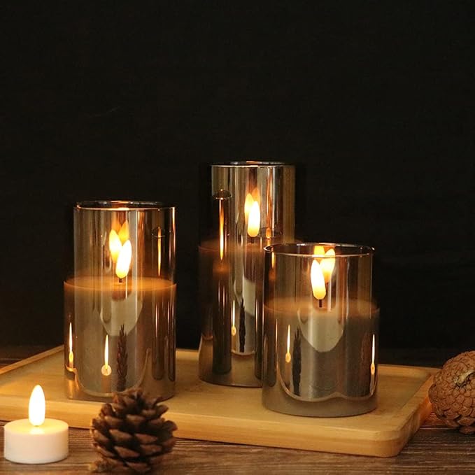 GenSwin Glass Flameless Candles with Remote Battery Operated Flickering LED Pillar Candles Real Wax 3D Wick for Wedding Festival Home Decoration(Gray,Pack of 3)