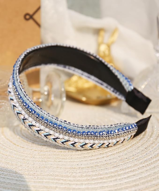 Women's Boho Sequin Pearls Headbands for Women Non Slip, Girls Sparkly Wide Hair Accessories Christmas Gift (Boho Blue Wide)